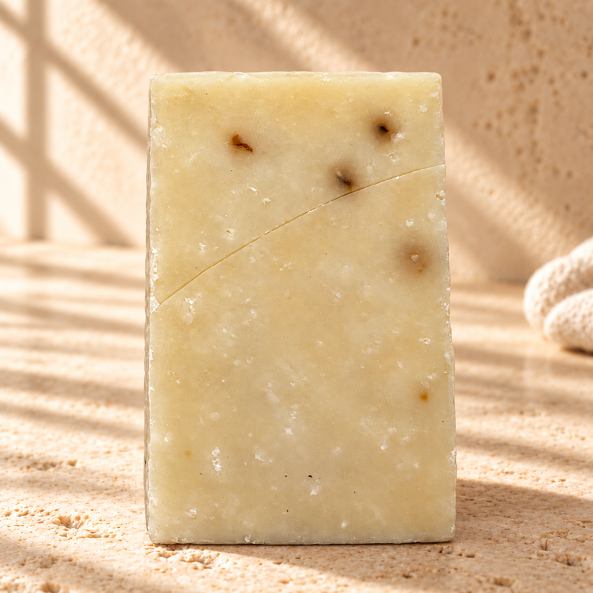 Fresh Cut soap — AI-styled limestone setting using the product photograph.