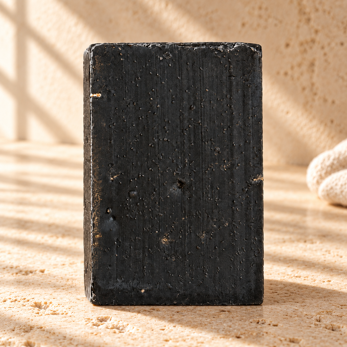 Pine Coal soap — AI-styled limestone setting using the product photograph.