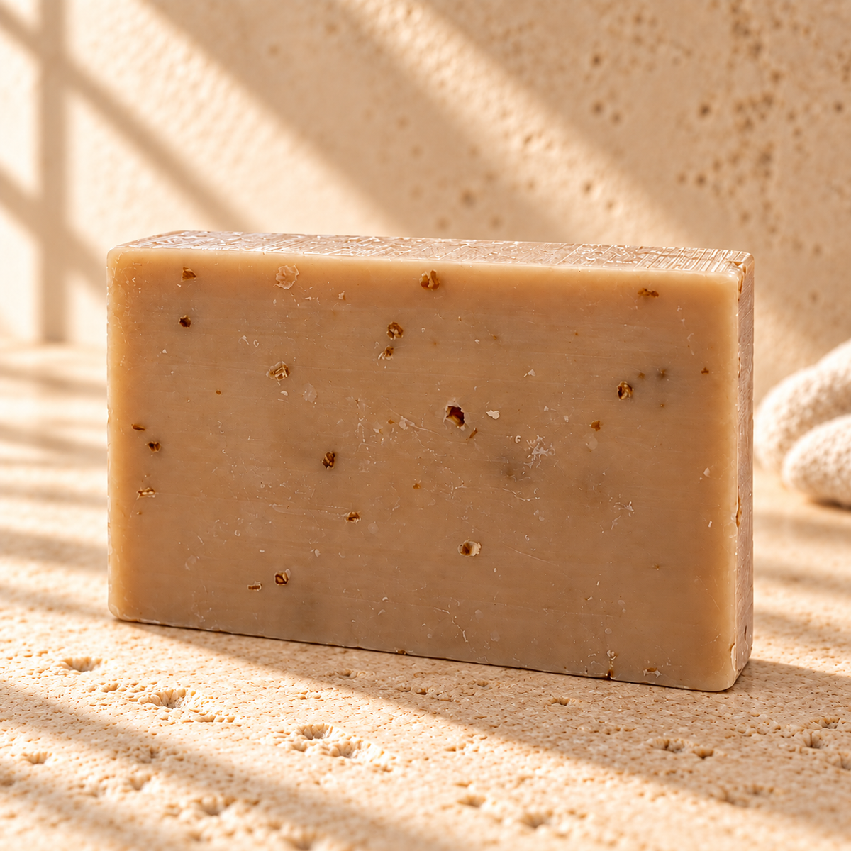 Soft Launch soap — AI-styled limestone setting using the product photograph.
