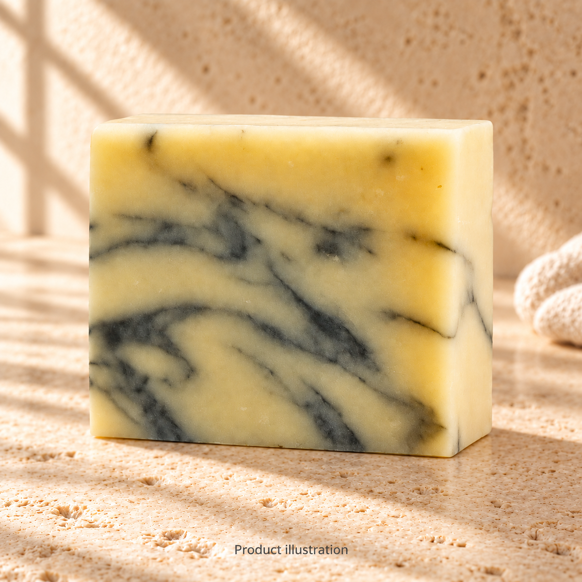 The Standard soap — product illustration in an AI-styled limestone setting. Not a genuine product photograph.