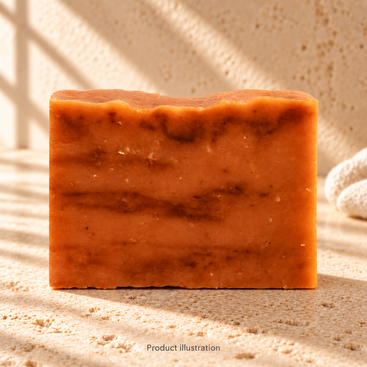 Dirty Pirate soap — product illustration in an AI-styled limestone setting. Not a genuine product photograph.