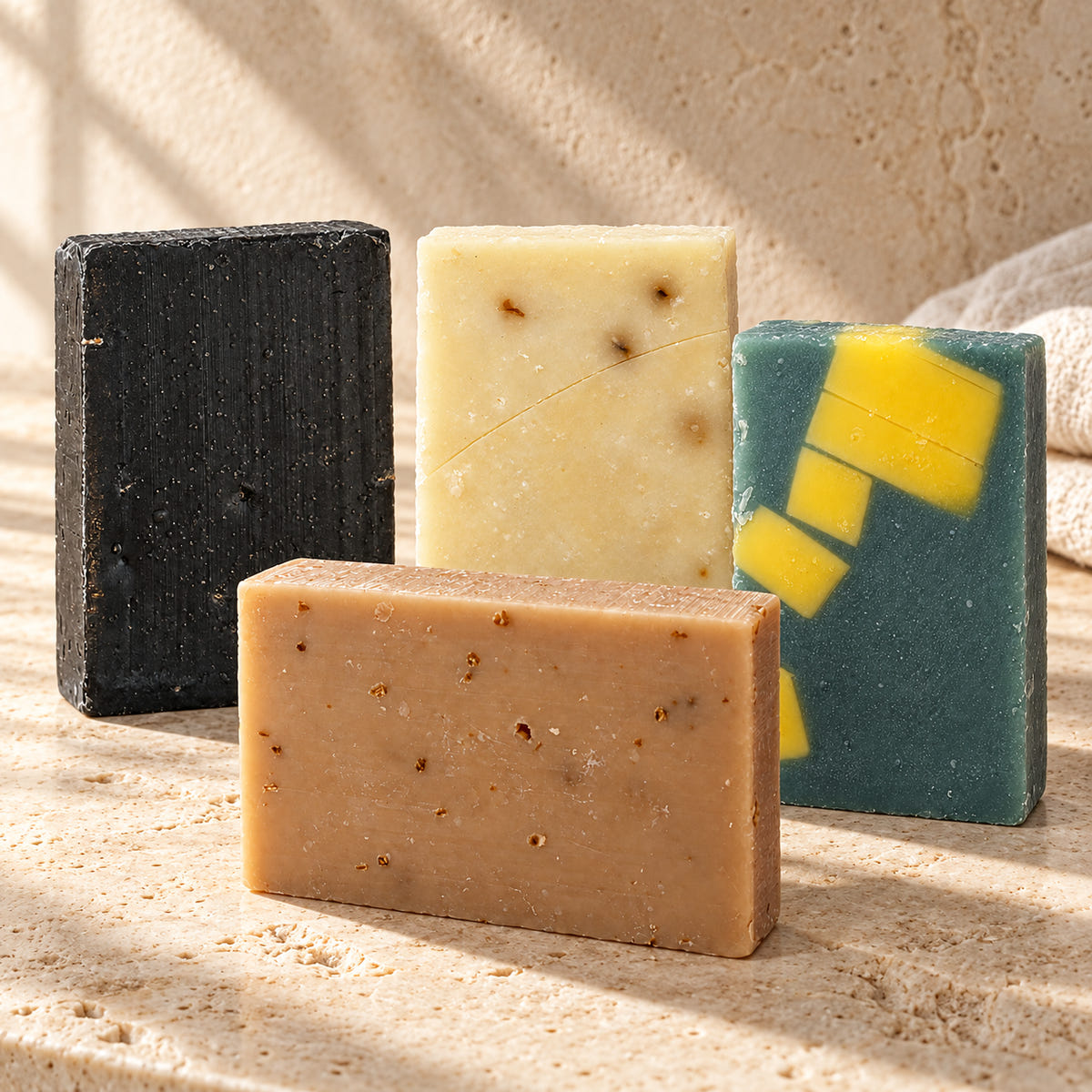 Pine Coal, Fresh Cut, Soft Launch and Island Swirl — AI-styled limestone setting using the product photographs.