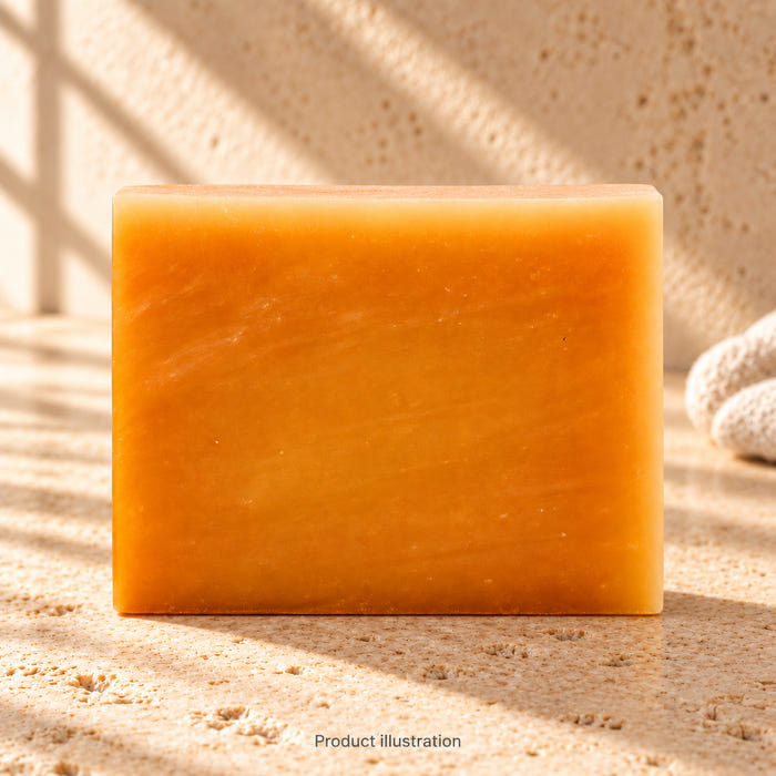 Morning Shift soap — product illustration in an AI-styled limestone setting. Not a genuine product photograph.