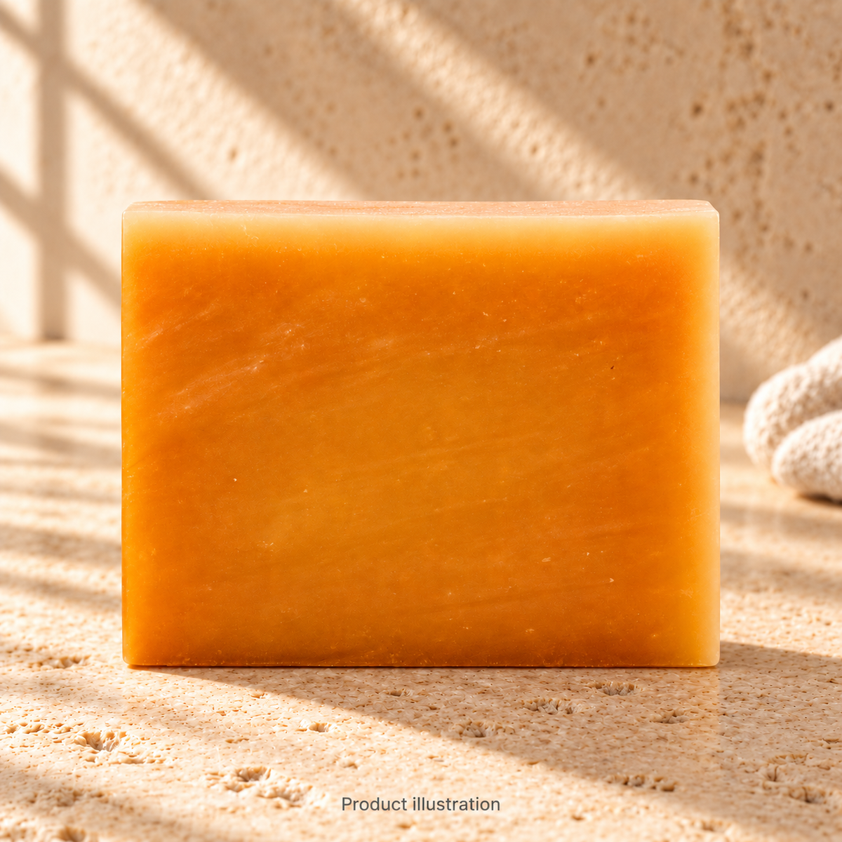 Morning Shift soap — product illustration in an AI-styled limestone setting. Not a genuine product photograph.