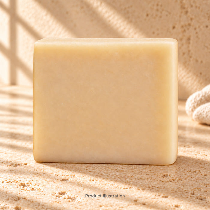Plain Simple soap — product illustration in an AI-styled limestone setting. Not a genuine product photograph.
