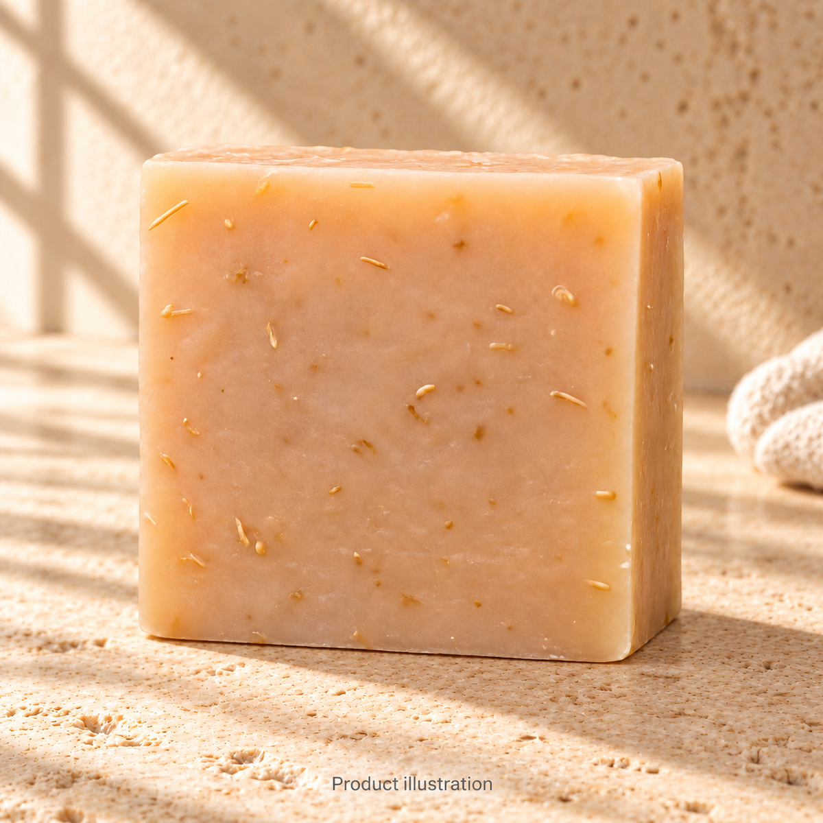 Plain Spoken soap — product illustration in an AI-styled limestone setting. Not a genuine product photograph.