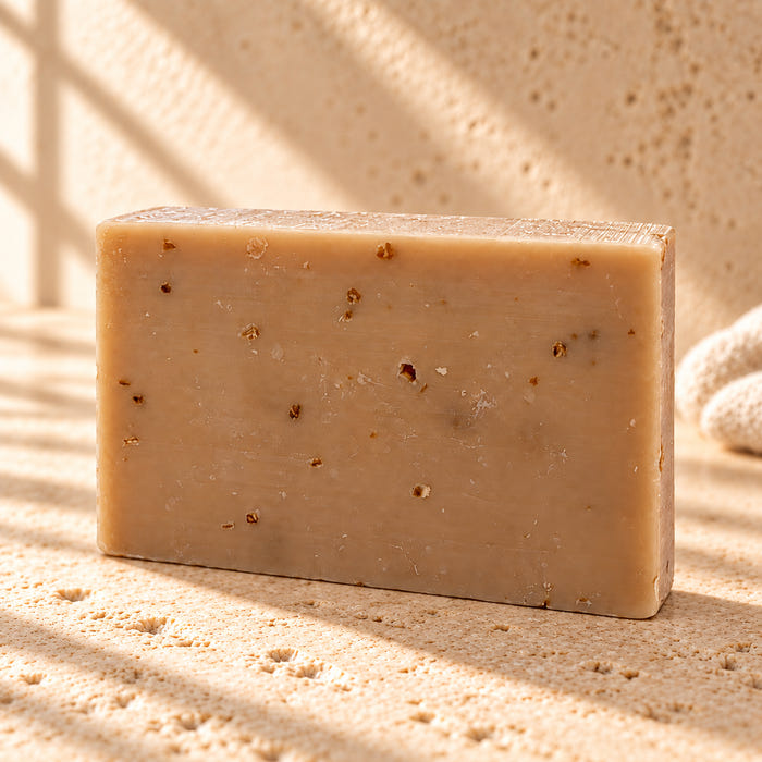 Soft Launch soap — AI-styled limestone setting using the product photograph.