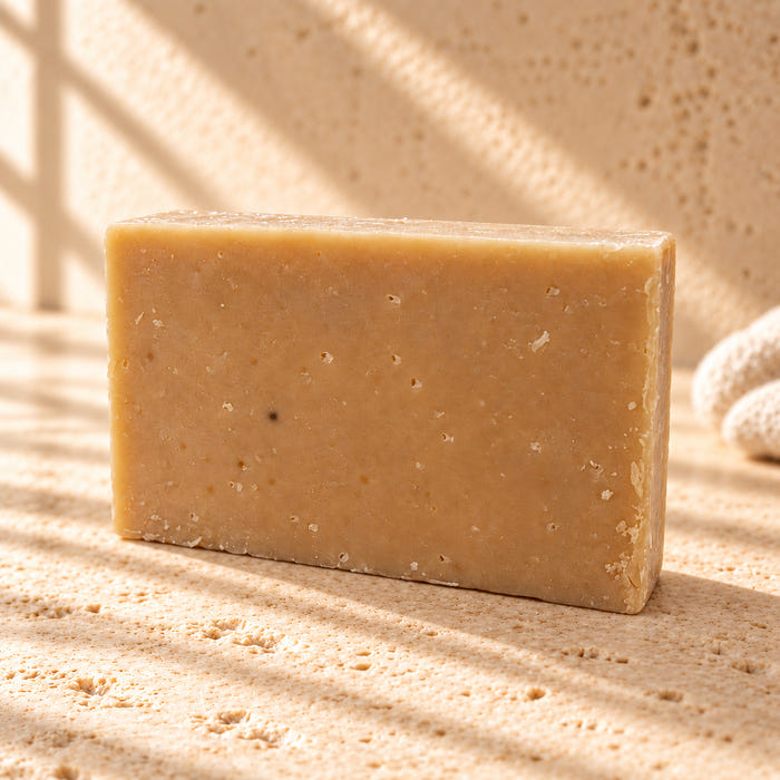 The Quiet Type soap — AI-styled limestone setting using the product photograph.