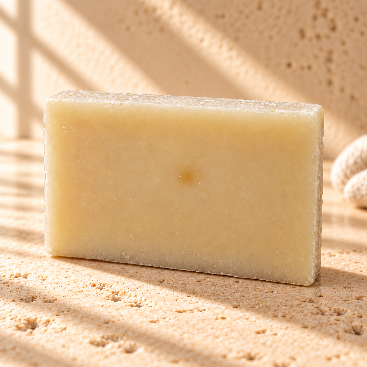 The Regular soap — AI-styled limestone setting using the product photograph.
