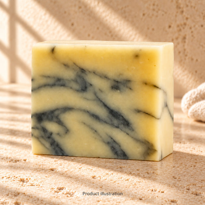 The Standard soap — product illustration in an AI-styled limestone setting. Not a genuine product photograph.