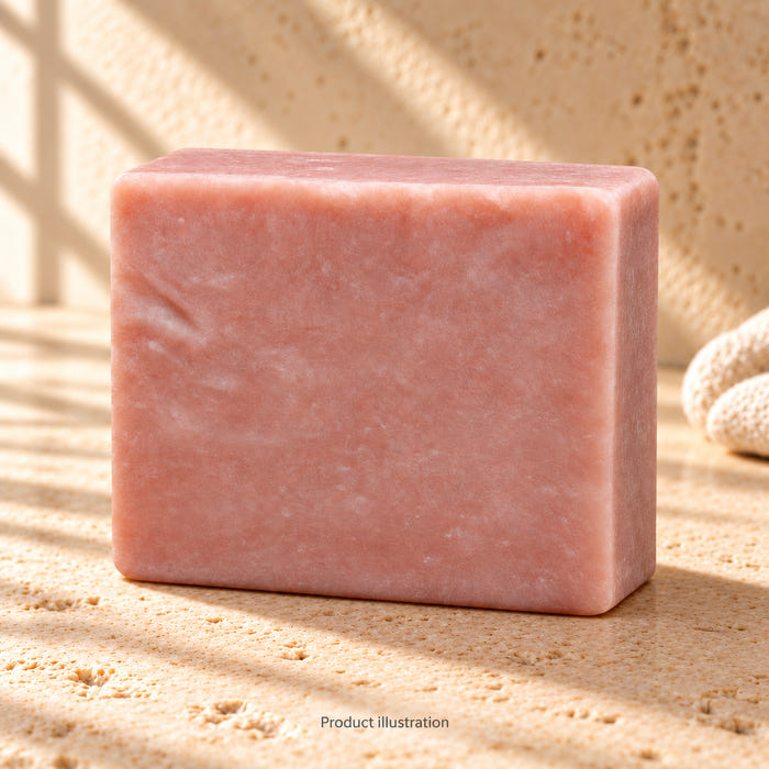 The Woodsman soap — product illustration in an AI-styled limestone setting. Not a genuine product photograph.